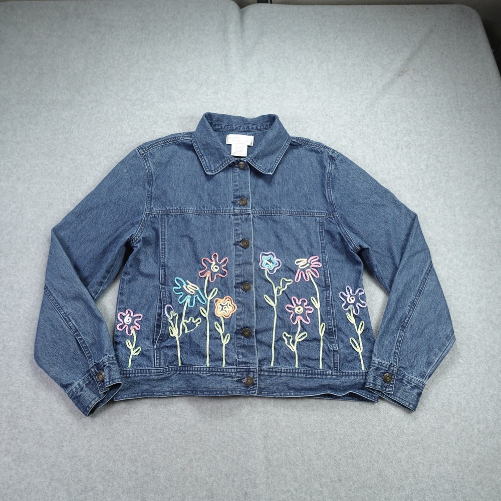 Vintage Mandal Bay Jacket Womens Medium Blue Denim Embroidered Floral Boho Denim